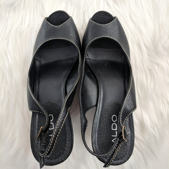 Aldo | Black Leather Wooden Heel Peep Toe Sz 10 - Picture 7 of 7